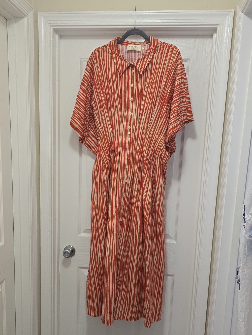 Anthropologie The Tobie Shirt Dress by Exquise Striped Maxi Red Tan